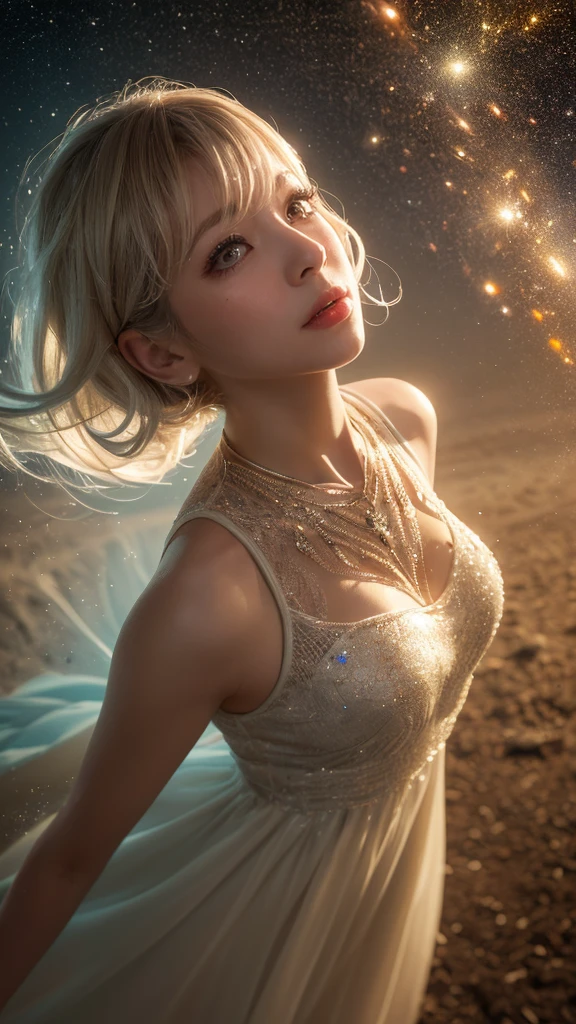 (In 8K, Highest quality, Tabletop, Ultra-high resolution, Highest quality, Beautiful and beautiful face,:1.5), (Lots of details), (Android in the form of a girl:1.3),(Realistic:1.4) (View from above:1.6), (Very white skin, Clear skin, Glowing Skin:1.4), Pin Spot Light, (The eyes are connected to the universe through high-performance lens eyes. Fine pupil, Shining Eyes, Long eyelashes:1.5), Shiny, wig hair, Duck mouth, Gloss Lip, de luz, cute, fresh, ((Wear an earth-colored dress)), Earth water dripping, Scattered and Shining, Light from above, Light from below, Light from the side, すべてのde luz融合点に立つ, Caustics, Lighting by world-class AI creators, dream-like, Digital Art, universe space, no gravity, Swaying, Light and deep texture