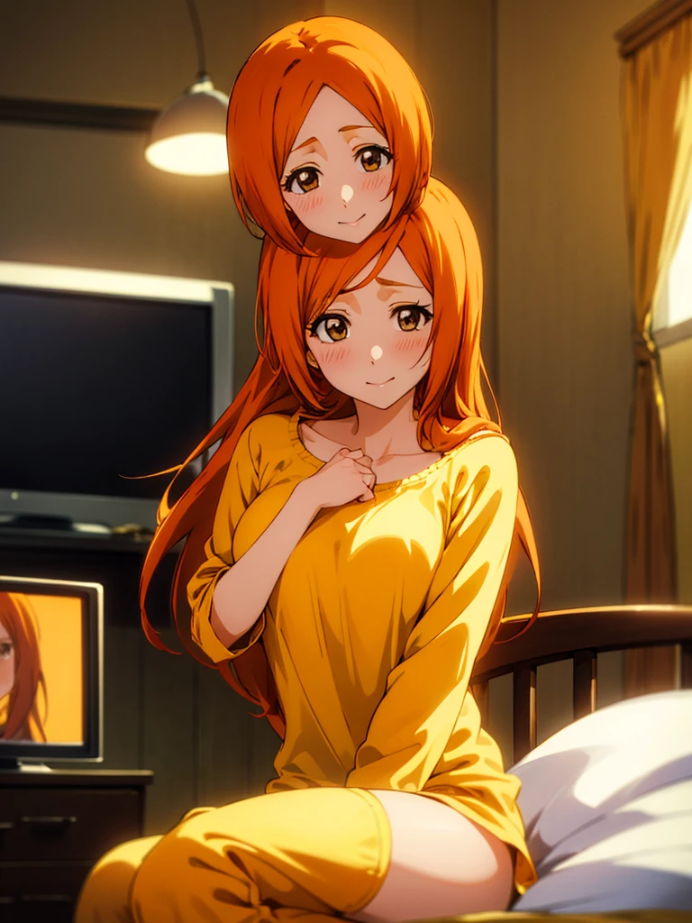 Orihime Inoue, 1girl, Single, Sitting on bed, Wearing yellow pajamas, Yellow shirt, Yellow pants, Hair between the eyes, long hair, Hair decoration, Looking at the viewer, Untidy hair, Orange hair, Single, Thighs, long hair, ((Masterpiece)), Blush, she smiles, Mouth closed, dark room, tv in background
