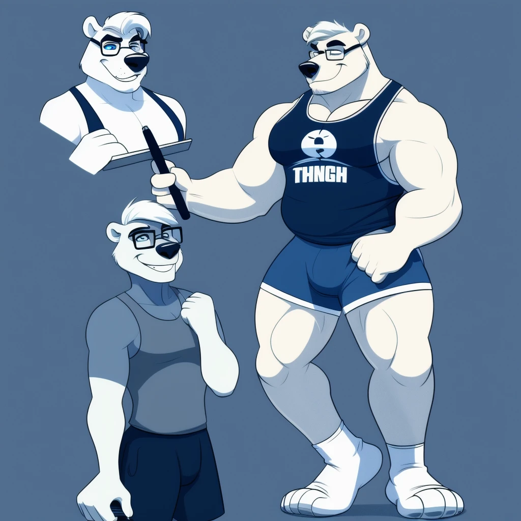 polar bear dad male gym tank top lifting barbell from down to top slighly well built , blue eyes glasses, head crest white hair,waering gym shorts, wearing white sock, disney profile, drawing lineart full body shading evil smug