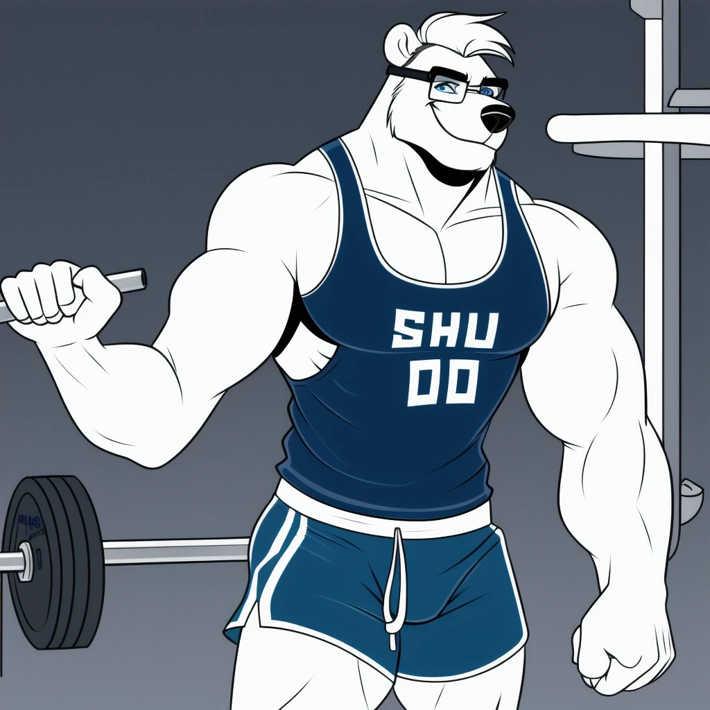 polar bear dad male gym tank top lifting barbell from down to top slighly well built , blue eyes glasses, head crest white hair,waering gym shorts, wearing white sock, disney profile, drawing lineart full body shading evil smug