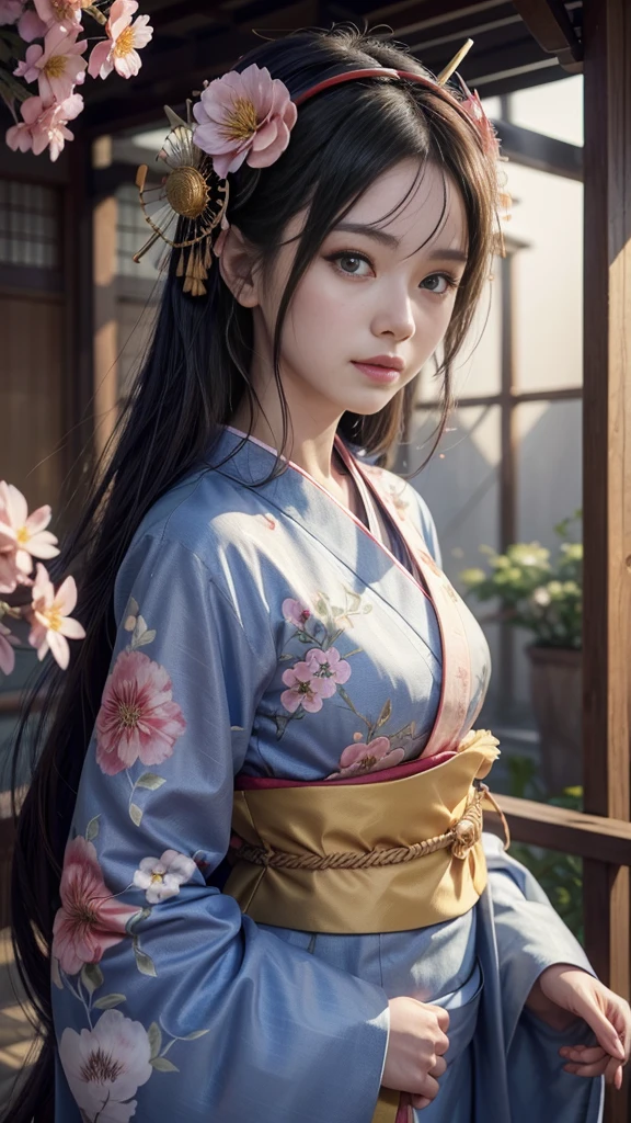 Arafed woman wearing a kimono with flowers on her head., Beautiful digital artwork, beautiful digital illustration, beautiful digital painting, beautiful digital painting, artwork in the style of guweiz, photorealistic render of anime girl, soft anime cg art, Beautiful digital art, Great digital art with details, awesome digital illustration, detailed digital anime art, April render, beautiful animated portrait