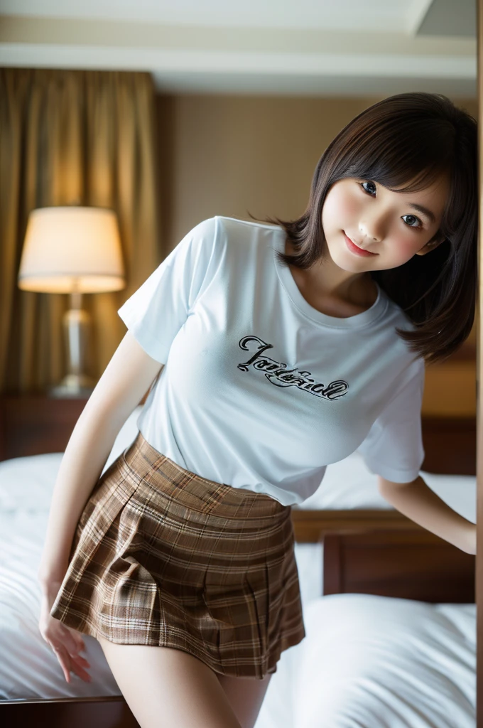 Pieces fly, Highest quality, figure, Very detailed, Fine details, High resolution, 8K,wallpaper, Perfect dynamic composition,(Detailed high quality, Realistic depiction of eyes:1.3), (Shortcuts), (The perfect fit T-shirt,Large Breasts, mini skirt), Big Natural Color Lip, Bold sexy pose, ((14-year-old girl))、(Cute type、Lolita)、Beautiful feet, Hotel Rooms, Gravure idol pose, (Woman standing on top, Straddle, sit)