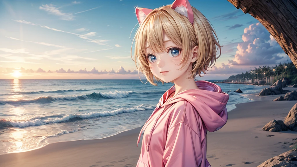 Cat ear、Absurd, Ultra-detailed,Bright colors,(solo),(From the side:1.2),(View your viewers:1.5) (Short blonde hair:1.2),Shiny Hair,(Pink hoodie:1.5),(Black sneakers),Denim shorts,Delicate and beautiful face, blush、(Deep blue eyes:1.4), White skin, (A wistful smile:1.3),Beautiful Clouds,(Standing on the beach, looking to the side with a sad expression:1.3),look at the sea and sunset,At sunset,Waves crashing on the beach,sunlight,Light on the face、Cat ear、Belly button、Turquoise Eyes