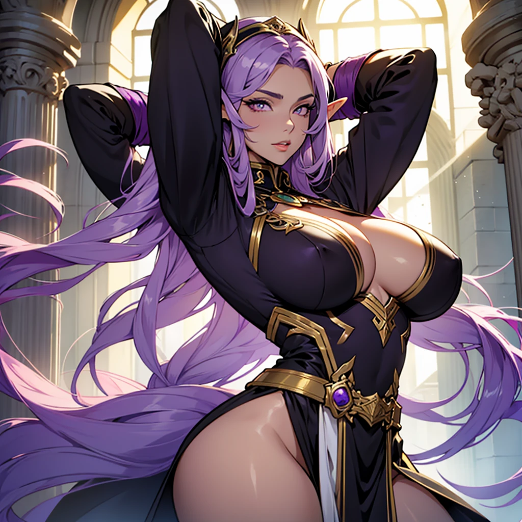 Beautiful woman , very long hair, elf ears , purple hair , golden eyes , big bust , light skin , mature woman ,huge breasts,voluptuous and sexy breasts, raise your arms above your head