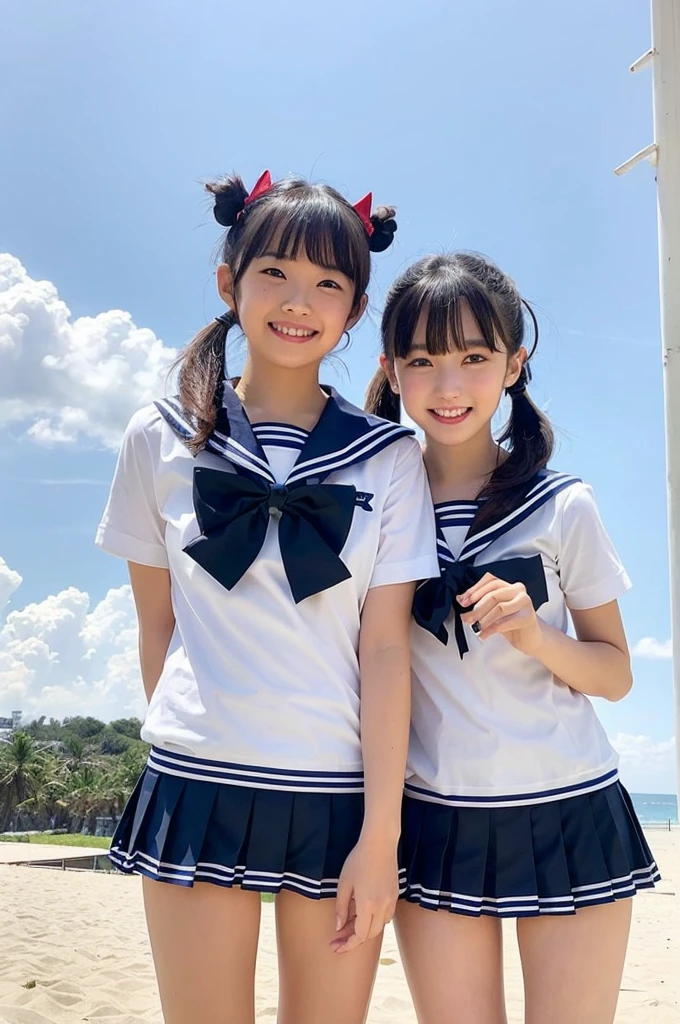 2 girls standing in beach of seaside school,cumulonimbus cloud in summer sky,white sailor shirt with red bow tie,white thong with navy blue pleated micro mini skirt,18-year-old,bangs,a little smile,thighs,knees,short hair with low pigtails bunches,from below,front light