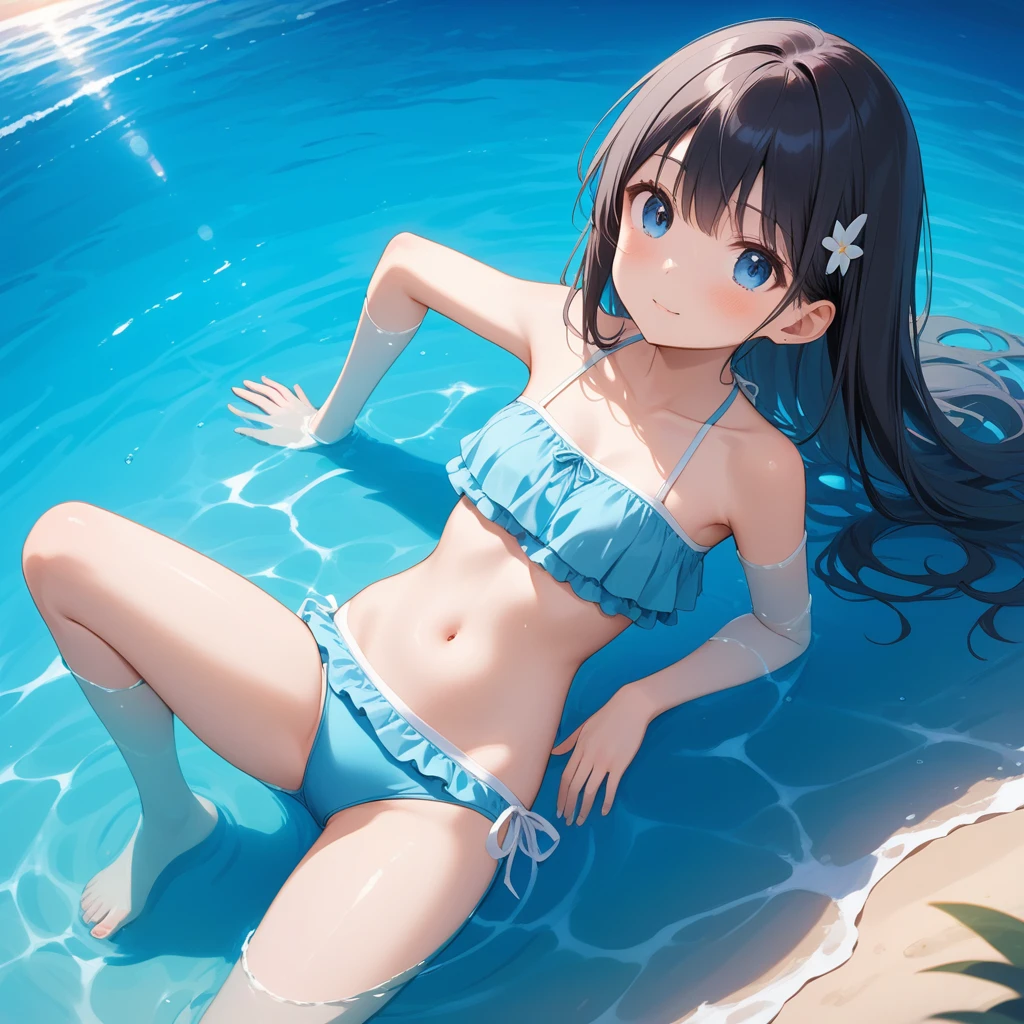 score_9, score_8_up, score_7_up, score_6_up, score_5_up, score_4_up,1girl、afloat、Black Hair、Navy blue swimsuit、Ocean、Oceanに浸かる、evening、Reflection on the water、deep faint light 、 detailed CG、high resolution