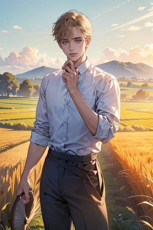 1 boy, young male, Yeux regardant vers la caméra, Corps masculin parfait,(chef-d'artwork, High resolution, ultra-detailed:1.0), Dans un champ baigné par les rayons chauds du soleil estival, Rob, un jeune homme de 18 ans, se tient debout, face slightly red from effort and heat. Sa silhouette imposante, sculptée par le travail acharné, stands with natural grace. His powerful muscles are visible under his unbuttoned beige shirt, revealing a chiseled torso and firm arms.
Rob's disheveled hair, d'un brun profond, encadrent son visage, giving it an air that is both wild and seductive. Mais c'est dans ses yeux verts, deep like emeralds, que réside toute son innocence et sa timidité. Despite its striking beauty, he almost seems embarrassed by the attention given to him.
The brown pants he wears are stained with dirt and sweat, testifying to his hard work in the fields. Ses mains, calleuses mais habiles, are placed on his hips, montrant la force et la détermination qui l'animent.
Autour de lui, the field stretches as far as the eye can see, bathed in golden light. Ears of wheat gently wave in the summer breeze, creating an idyllic backdrop for this scene.
Dans cette image saisissante, Rob embodies both raw virility and tenderness, captivant le spectateur par son charme authentique et sa simplicité désarmante.