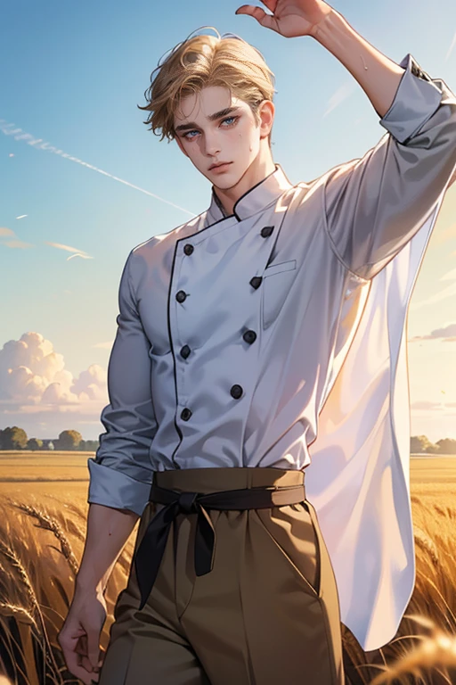1 boy, young male, Yeux regardant vers la caméra, Corps masculin parfait,(chef-d'artwork, High resolution, ultra-detailed:1.0), Dans un champ baigné par les rayons chauds du soleil estival, Rob, un jeune homme de 18 ans, se tient debout, face slightly red from effort and heat. Sa silhouette imposante, sculptée par le travail acharné, stands with natural grace. His powerful muscles are visible under his unbuttoned beige shirt, revealing a chiseled torso and firm arms.
Rob's disheveled hair, d'un brun profond, encadrent son visage, giving it an air that is both wild and seductive. Mais c'est dans ses yeux verts, deep like emeralds, que réside toute son innocence et sa timidité. Despite its striking beauty, he almost seems embarrassed by the attention given to him.
The brown pants he wears are stained with dirt and sweat, testifying to his hard work in the fields. Ses mains, calleuses mais habiles, are placed on his hips, montrant la force et la détermination qui l'animent.
Autour de lui, the field stretches as far as the eye can see, bathed in golden light. Ears of wheat gently wave in the summer breeze, creating an idyllic backdrop for this scene.
Dans cette image saisissante, Rob embodies both raw virility and tenderness, captivant le spectateur par son charme authentique et sa simplicité désarmante.