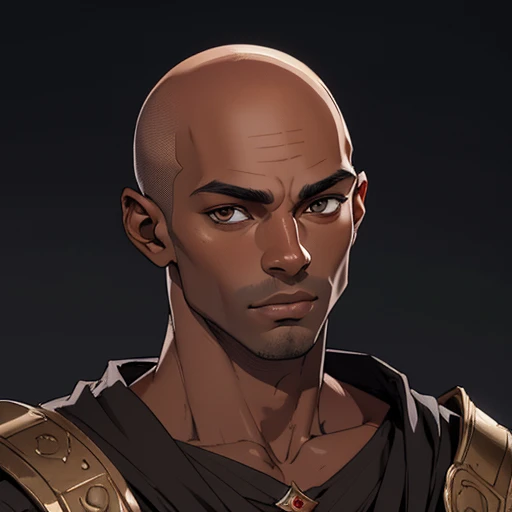 (masterpiece), (best quality),(portrait),(bust up),1boy,solo,(sharp focus),((look at viewer)),(dark skin),adult,((bald)),(ancient:1),ancient luxurious long clothes,old school fantasy art,((simple background)),super shiny face,Ultra Glossy Skin,