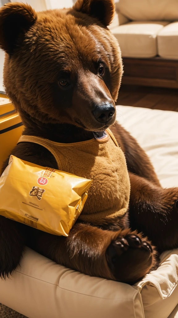 Bear mascot, light brown, head removed, inside is buttery.