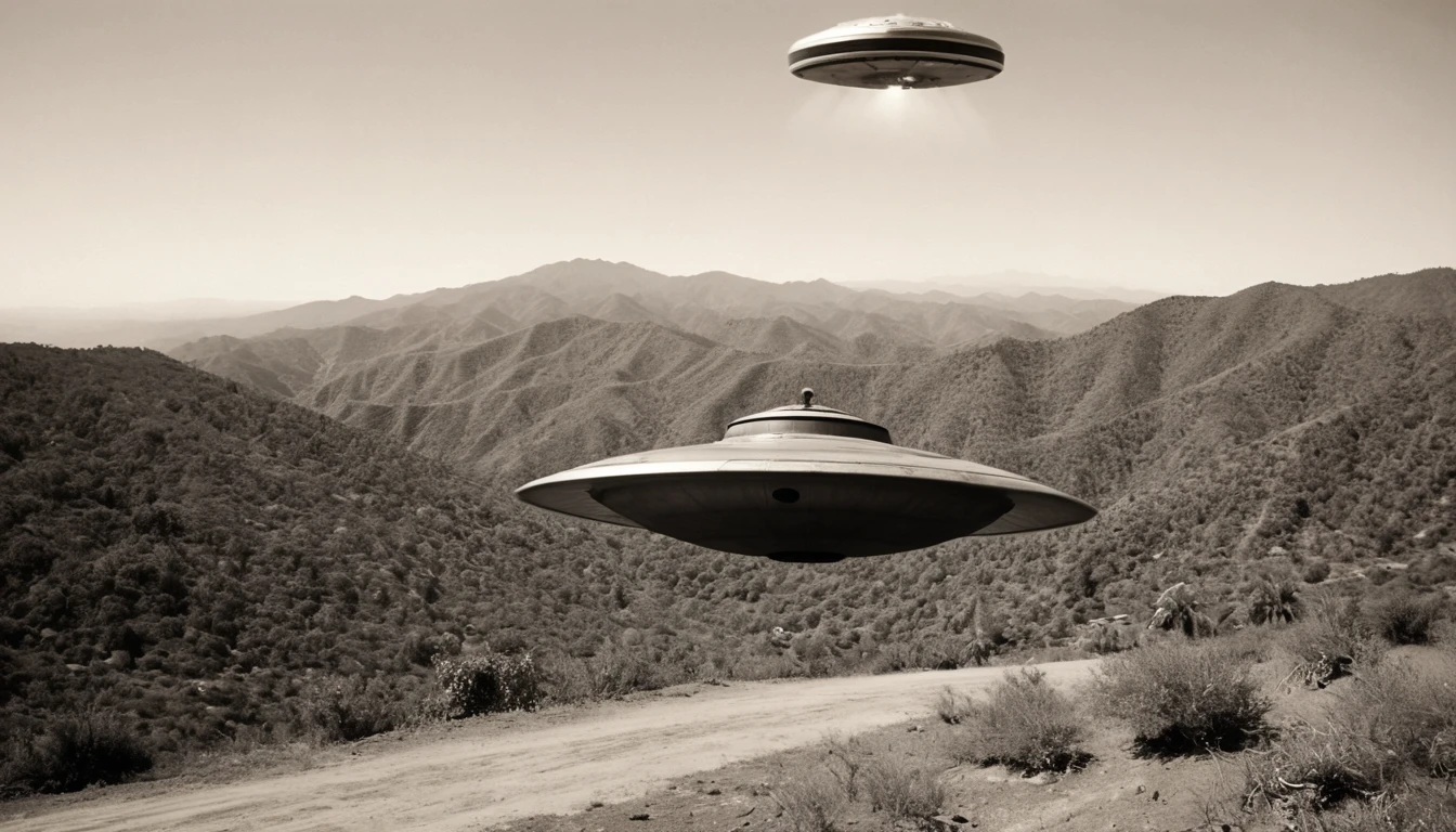 Wide aspect ratio, 1920s old analog photo, damaged old film, grainy, blurry, B&W Sepia tone, of a 3 meters diameter alien flying saucer U.F.O. hovering 1 meters above the ground, in the middle of the Oaxacan Mountains in San José del Pacífico, 3 Mexican cowboys witness with astonishment. Liminal, Dystopian, hyperdetailed, real,