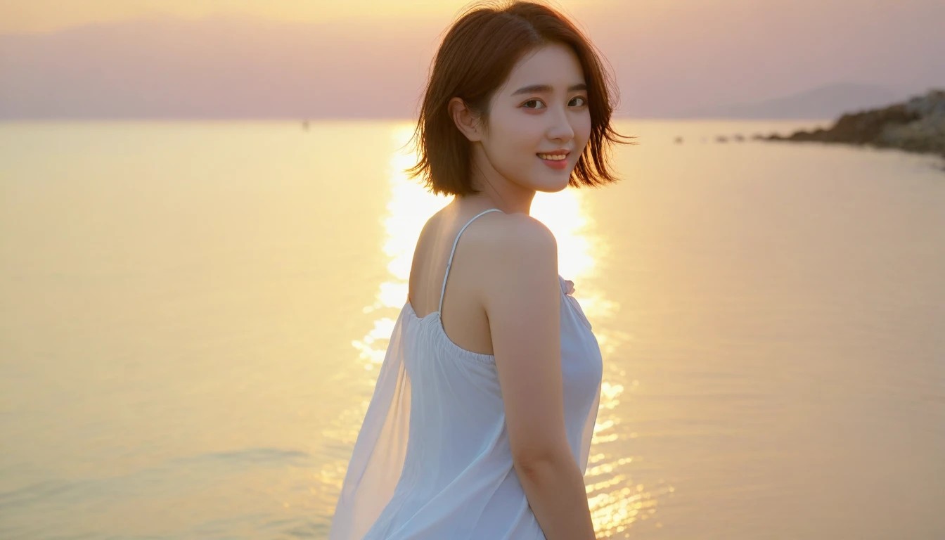 Beautiful Korean Woman, Chest size 34 inches, Wear sleeveless, light skirts, Looking at the sea from the beach at sunset. beautiful pretty woman look , wearing a light skirt , soaking feet in sea water, My skirt is wet with water,burning sunset light, Short medium hair blowing in the wind, 1 woman, beautiful eyes, A slight smile, uhd
