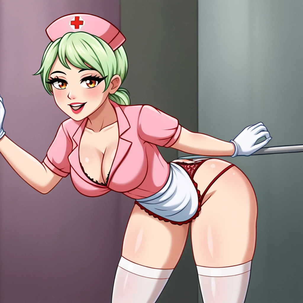 In a dimly lit hospital room, a sultry young female nurse stands out against the somber backdrop. Dressed in lacy lingerie, thigh-high stockings, and a nurse's cap, she exudes seductive mystery. Soft, warm glow illuminates her low-cut pink top showcasing ample cleavage, while white gloves add sophistication. Her gaze invites the viewer to step into her world. Ornate medical equipment and eerie shadows hint at gothic horror elements in the background. The nurse's cap and white gloves nod to darker undertones, balancing provocative themes with elegance.