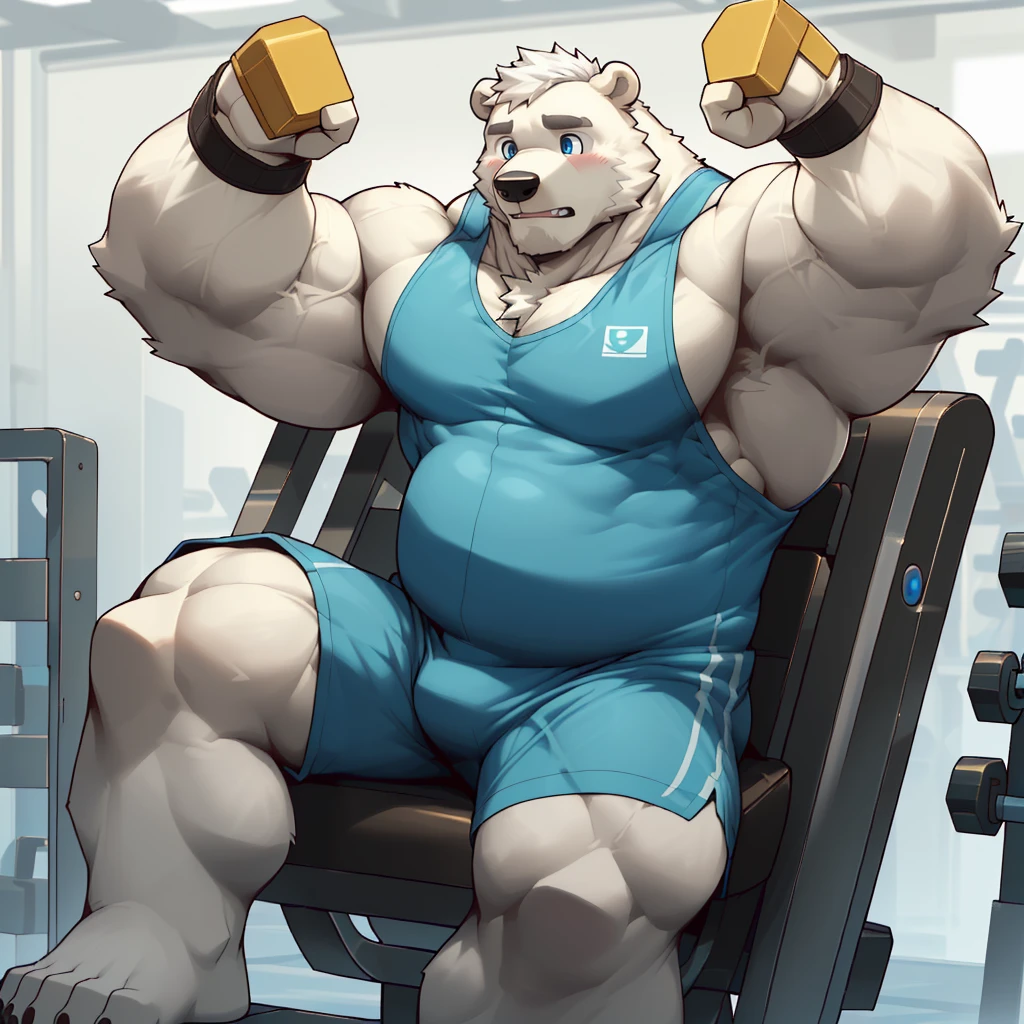 masterpiece, best quality, 8k resolution, Very detailed, hairy,(((polar bear)),(((Mature))),(((beard))),(((fat))),(((White hair all over body))),(((portrait))),(((White hair))),(((straining))),For the audience,(((gym tank top))),(((sitting on the V2 machine))),(((motivating))),((wristbands)), ((Highest quality scene,(((whole body))),(((Blue Eyes))),(((Legs apart))),(((Fat-enclosed muscle))),(((Round face))),(((alone))),(((Strong body))),(((Hip bulge))),(((arms exposed))), ((working out)), ((uppercut chest workout))