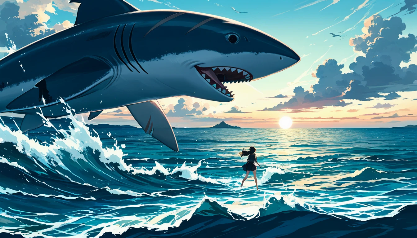 score_9, score_8_up, score_7_up, source_anime, ocean, 1girl swinming, Shark, anime screencap, highly detailed, dark fantasy, cinematic lighting, dramatic composition, 8k, intricate details, vivid colors, masterpiece