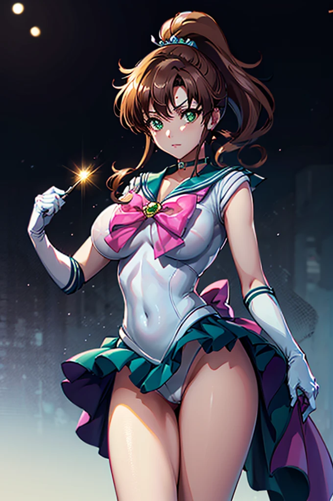 masterpiece, best quality, highres, hmjupiter, green eyes, ponytail, tiara, jewelry, sailor senshi uniform, green sailor collar, choker, elbow gloves, white gloves, pink bow, brooch, leotard,bottomless, off skirt, cowboy shot, standing, night, moon, flustered,large breasts, panties,white background,simple background, show off nipple,