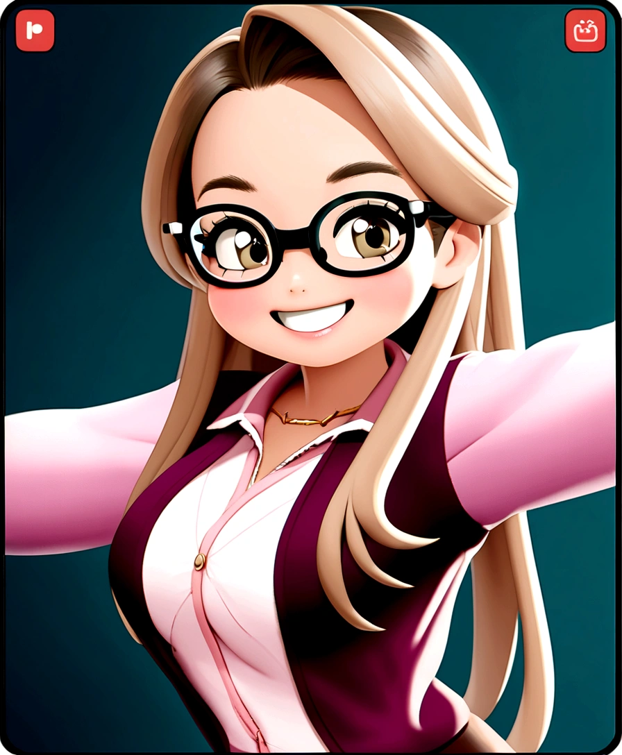 Pixar style image with 3D character white prescription glasses woman long straight hair brown eyes, With open arms, Disney makeup,fisherman, cute, smiling, pixar, Disney, cinema lighting,
