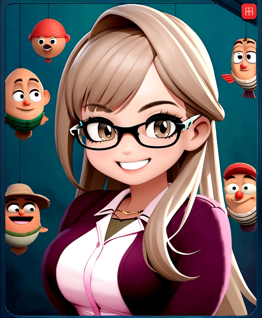 Pixar style image with 3D character white prescription glasses woman long straight hair brown eyes, With open arms, Disney makeup,fisherman, cute, smiling, pixar, Disney, cinema lighting,