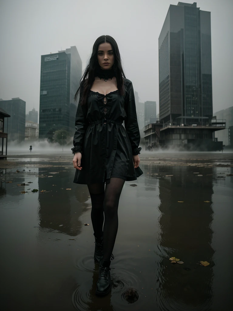 Gothic girl walking on the surface of a lagoon in the middle of the mist