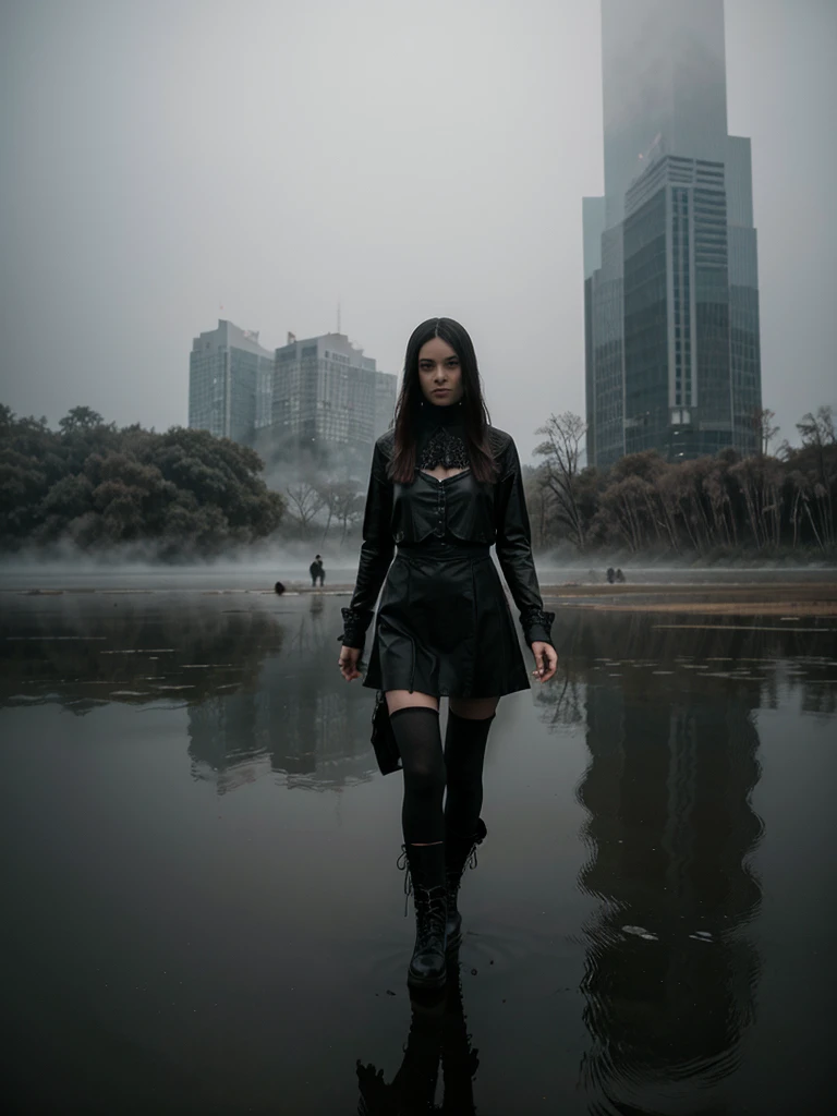 Gothic girl walking on the surface of a lagoon in the middle of the mist