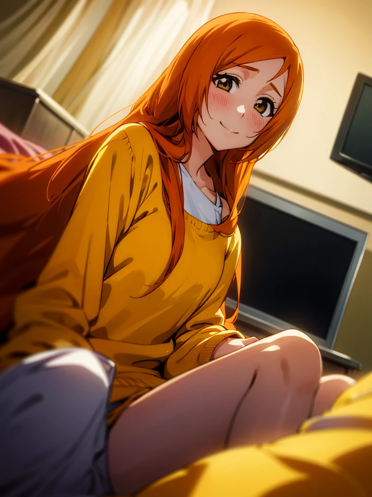 Orihime Inoue, 1girl, Single, Sitting on bed, Wearing yellow pajamas, Yellow shirt, Yellow pants, Hair between the eyes, long hair, Hair decoration, Looking at the viewer, Untidy hair, Orange hair, Single, Thighs, long hair, ((Masterpiece)), Blush, she smiles, Mouth closed, dark room, tv in background