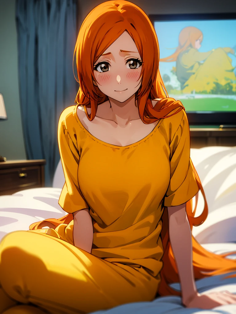 Orihime Inoue, 1girl, Single, Sitting on bed, Wearing yellow pajamas, Yellow shirt, Yellow pants, Hair between the eyes, long hair, Hair decoration, Looking at the viewer, Untidy hair, Orange hair, Single, Thighs, long hair, ((Masterpiece)), Blush, she smiles, Mouth closed, dark room, tv in background