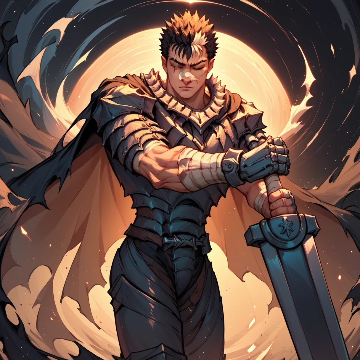 score_9, score_8_up, score_7_up, source_anime, looking at viewer, cowboy shot, Guts_Armor, brown eyes, short hair, multicolored hair, spiked hair, black armor, shoulder armor, gauntlets, greaves, bandaged arm, black cape, torn cape, scar on nose, one eye closed, muscular male, sword, holding sword, black background, light particles, dust, abstract background, glowing, night, dark lighting