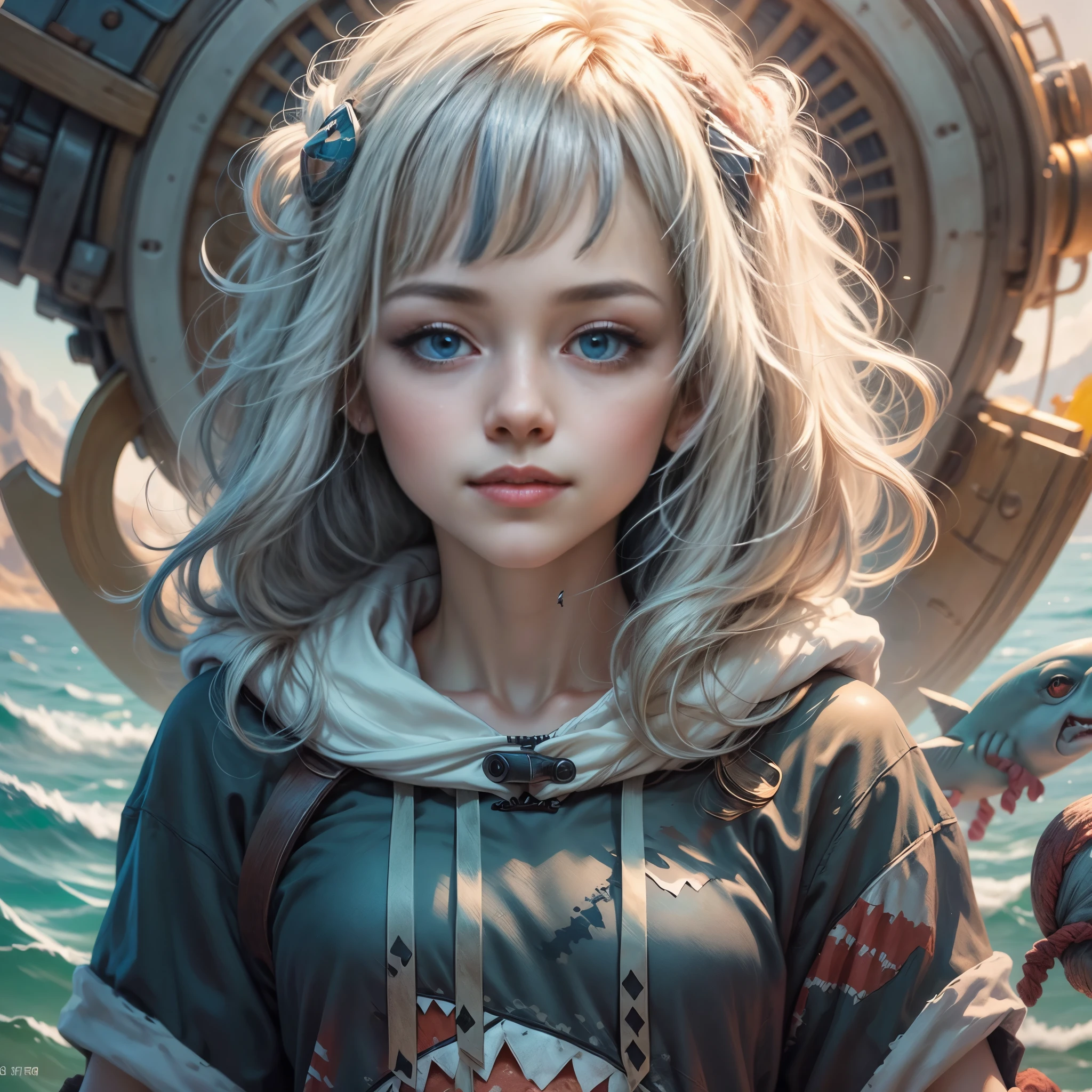 (gawr gura, blue hoodie, shark hood)、Beautiful girl、smile、Highly detailed face and eyes、Very fine body、Long, flowing white hair、Coastline of the setting sun、Shallow depth of field、Cinematic lighting、Soft pastel colors、Photorealistic、8K、Highest quality、masterpiece、Full body portrait、Surreal、dramatic、elegant、Calm