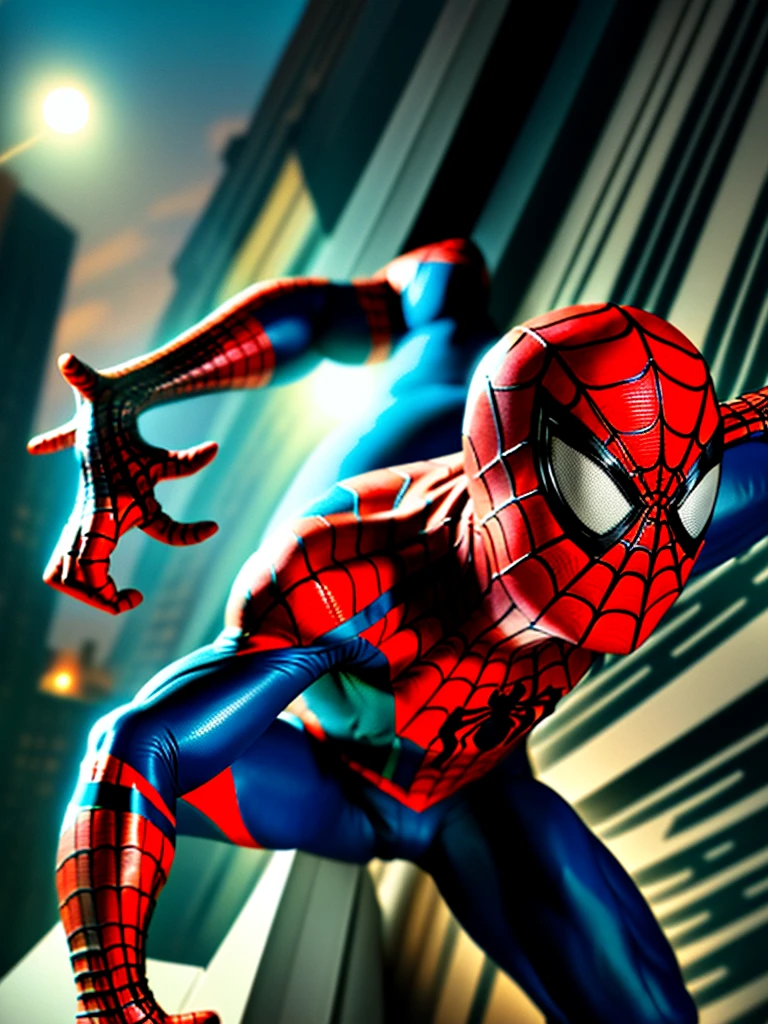Tobay Maguire as Spiderman, full body portrait, extremely detailed face and eyes, ultra-detailed costume, dynamic action pose, cinematic lighting, dramatic shadows, comic book style, vibrant colors, digital art, 8k, photorealistic