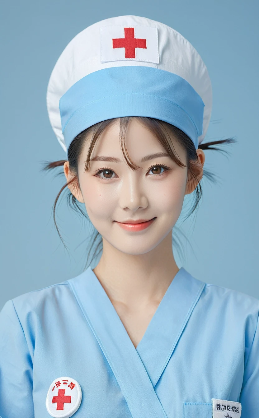 Realistic,Japanese young idol one girl portrait,Hair tied back in a bun,She is a nurse wearing a blue Japanese nurse uniform.,Nurse hat,Gentle smile,Simple light blue background,Tilting face,Popular Korean makeup,photoRealistic,