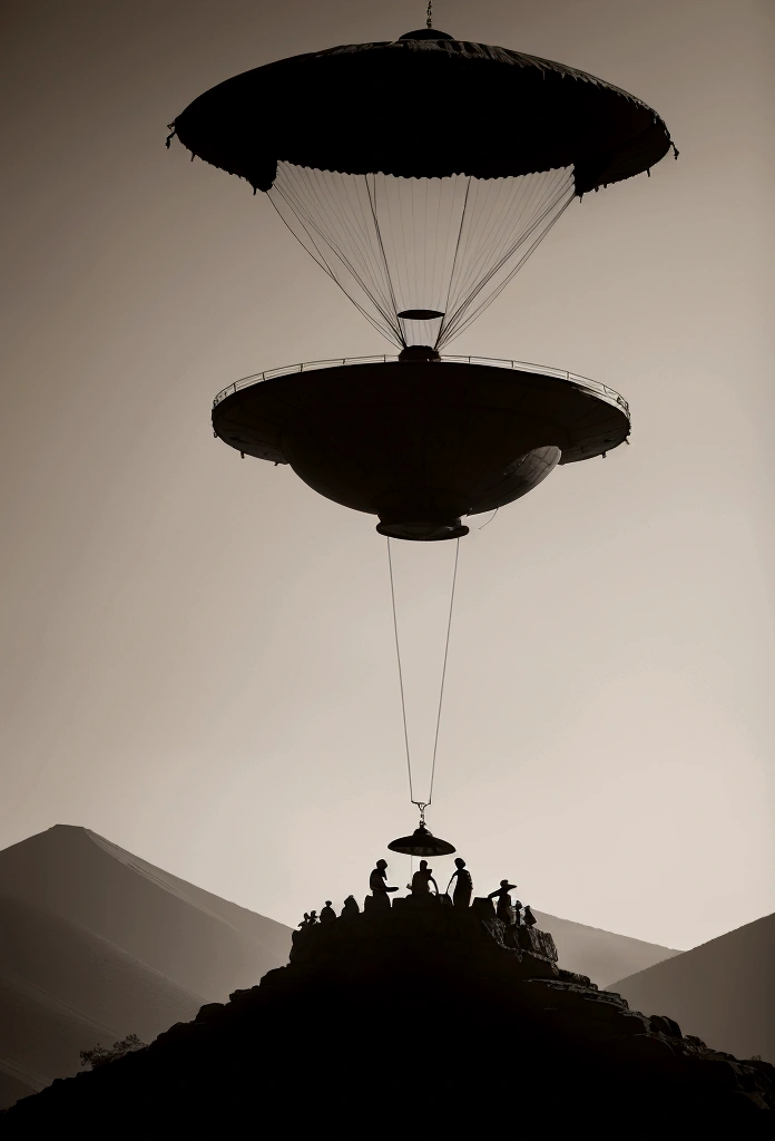Wide aspect ratio, 1920s old analog photo, damaged old film, grainy, blurry, B&W Sepia tone, of a 3 meters diameter alien flying saucer U.F.O. hovering 1 meters above the ground, in the middle of the Oaxacan Mountains in San José del Pacífico, 3 Mexican cowboys witness with astonishment. Liminal, Dystopian, hyperdetailed, real,