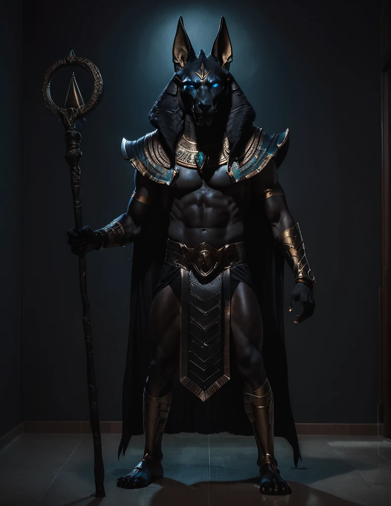 a man dressed as realistic Anubis halloween costume design, elegant intimidating psychopathic man, anubis mask, dark energy, black costume, holding a staff, full soft furry body highly detailed, cinematic lighting, dramatic atmosphere party entrance, photorealistic, 8K, masterpiece