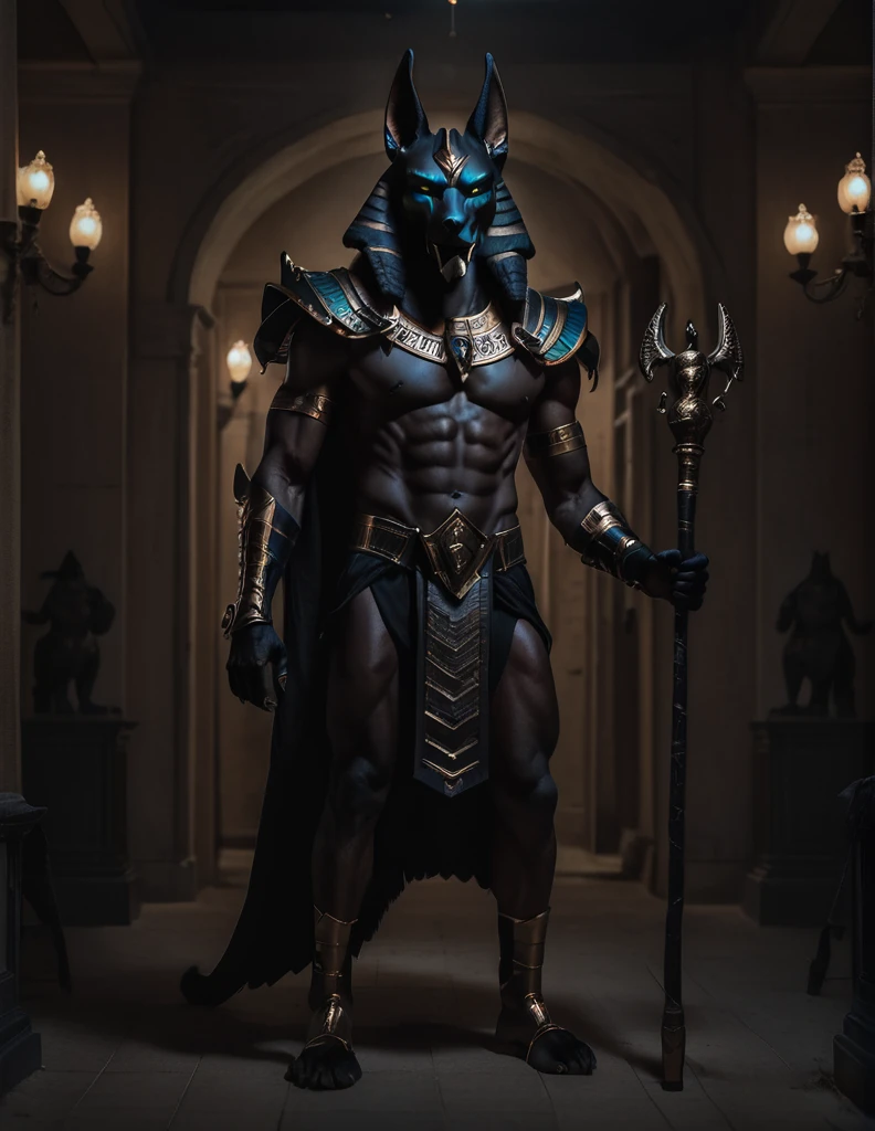 a man dressed as realistic Anubis halloween costume design, elegant intimidating psychopathic man, anubis mask, dark energy, black costume, holding a staff, full soft furry body highly detailed, cinematic lighting, dramatic atmosphere party entrance, photorealistic, 8K, masterpiece