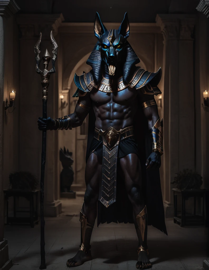 a man dressed as realistic Anubis halloween costume design, elegant intimidating psychopathic man, anubis mask, dark energy, black costume, holding a staff, full soft furry body highly detailed, cinematic lighting, dramatic atmosphere party entrance, photorealistic, 8K, masterpiece