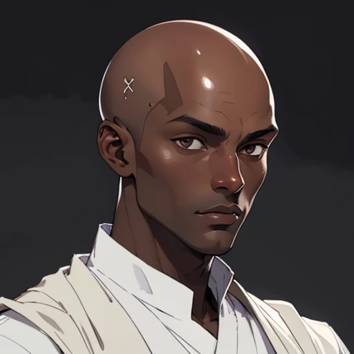 (masterpiece), (best quality),(portrait),(bust up),1boy,solo,(sharp focus),((look at viewer)),(dark skin),adult,((bald)),priest,(ancient:1),ancient luxurious long clothes,old school fantasy art,((simple background)),super shiny face,Ultra Glossy Skin,