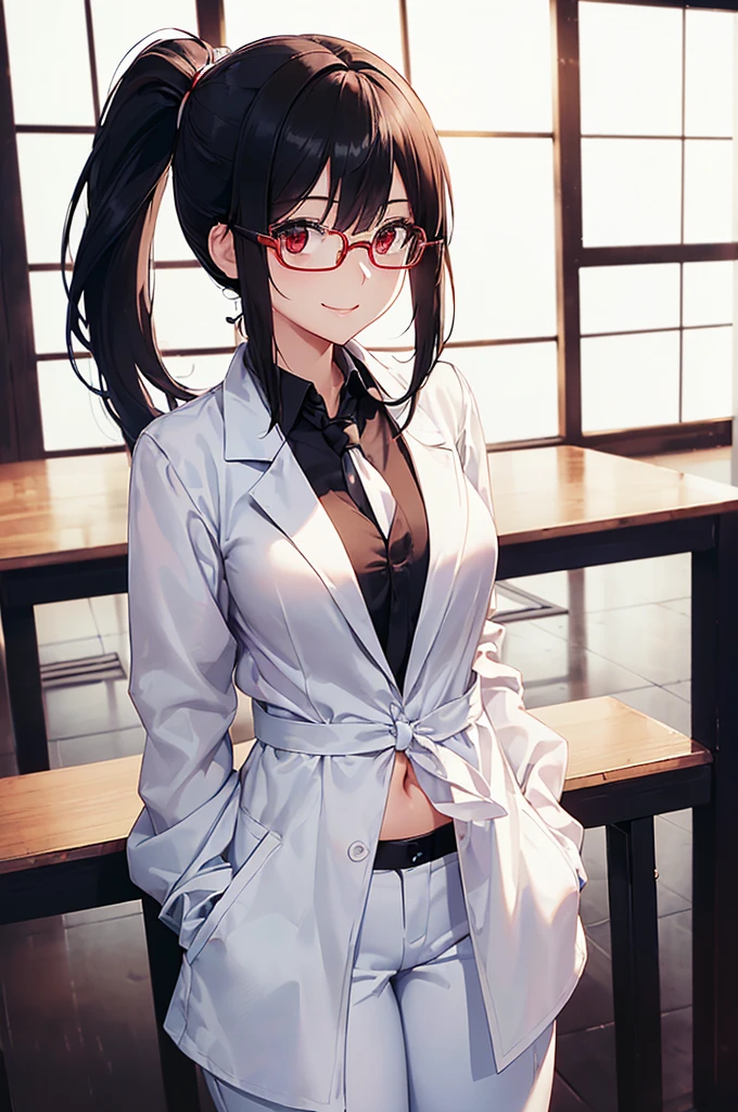 (masterpiece; best quality: 1.2), (finely detailed eyes: 1.3), ((25 year old woman)), ((solo)), (red eyes: 1.4), (body; gorgeous, lithe, femenine: 1.3), (black hair in low-ponytail: 1.3), (beautiful and clear background: 1.2), ((depth of field)), (equipment: white unbuttoned labcoat + black shirt + white tie + white pants + black square glasses: 1.3), (anime illustration: 1.2), (background composition; japanese highschool classroom + furniture: 1.1), (extremely fine and beautiful: 1.1), (shot composition; standing + centered on torso + close-up: 1.5), (expression; calm, smile: 1.2)