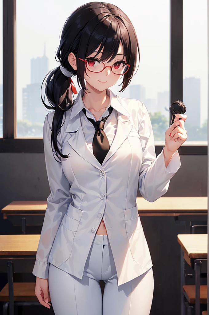 (masterpiece; best quality: 1.2), (finely detailed eyes: 1.3), ((25 year old woman)), ((solo)), (red eyes: 1.4), (body; gorgeous, lithe, femenine: 1.3), (black hair in low-ponytail: 1.3), (beautiful and clear background: 1.2), ((depth of field)), (equipment: white unbuttoned labcoat + black shirt + white tie + white pants + black square glasses: 1.3), (anime illustration: 1.2), (background composition; japanese highschool classroom + furniture: 1.1), (extremely fine and beautiful: 1.1), (shot composition; standing + centered on torso + close-up: 1.5), (expression; calm, smile: 1.2)