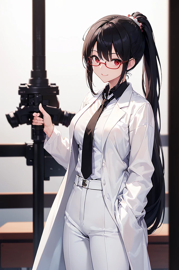 (masterpiece; best quality: 1.2), (finely detailed eyes: 1.3), ((25 year old woman)), ((solo)), (red eyes: 1.4), (body; gorgeous, lithe, femenine: 1.3), (black hair in low-ponytail: 1.3), (beautiful and clear background: 1.2), ((depth of field)), (equipment: white unbuttoned labcoat + black shirt + white tie + white pants + black square glasses: 1.3), (anime illustration: 1.2), (background composition; japanese highschool classroom + furniture: 1.1), (extremely fine and beautiful: 1.1), (shot composition; standing + centered on torso + close-up: 1.5), (expression; calm, smile: 1.2)