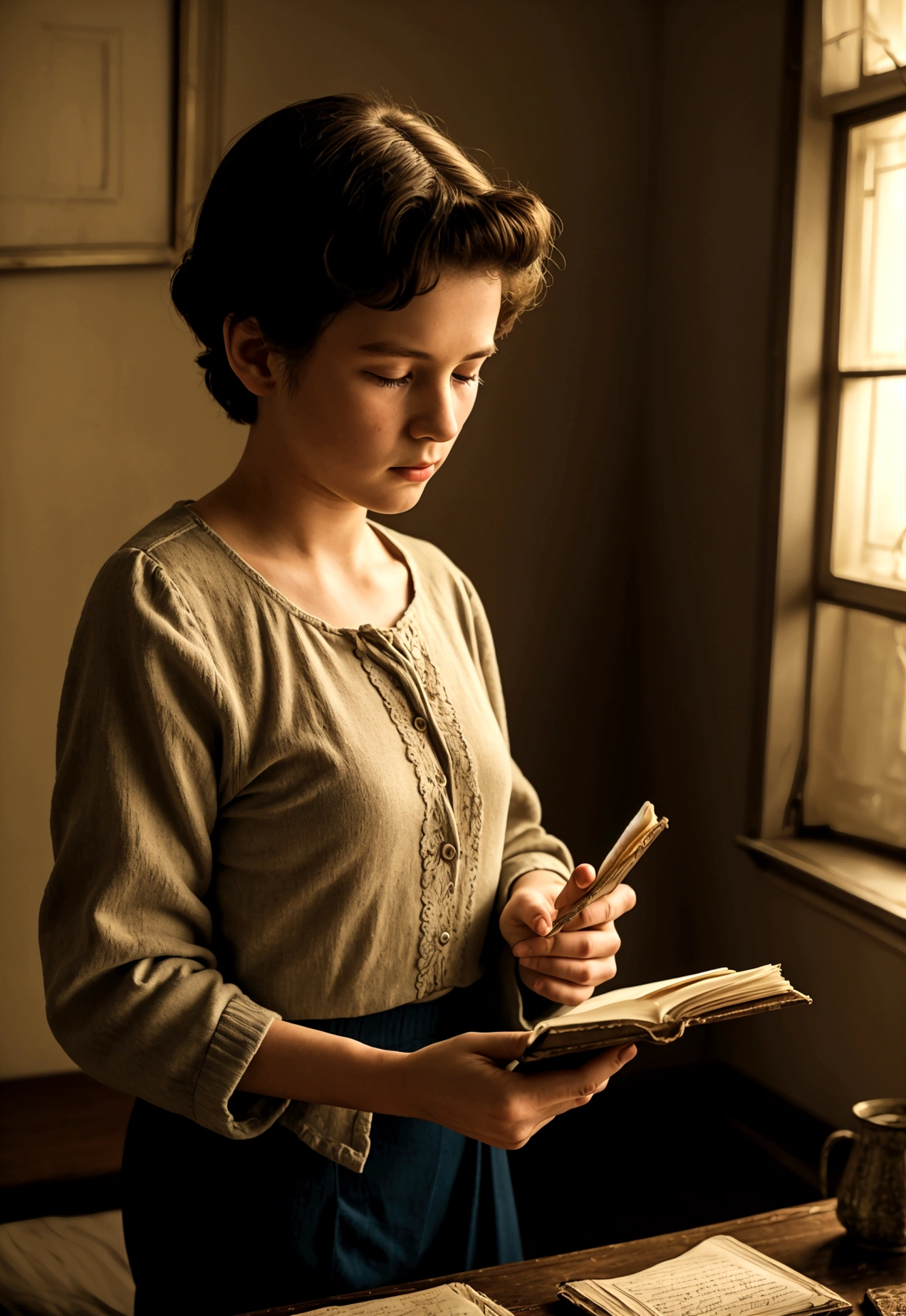 a young man finds his late grandmother's diary inside an old room vintage style ultra realistic cinematic image bright lighting in dim light