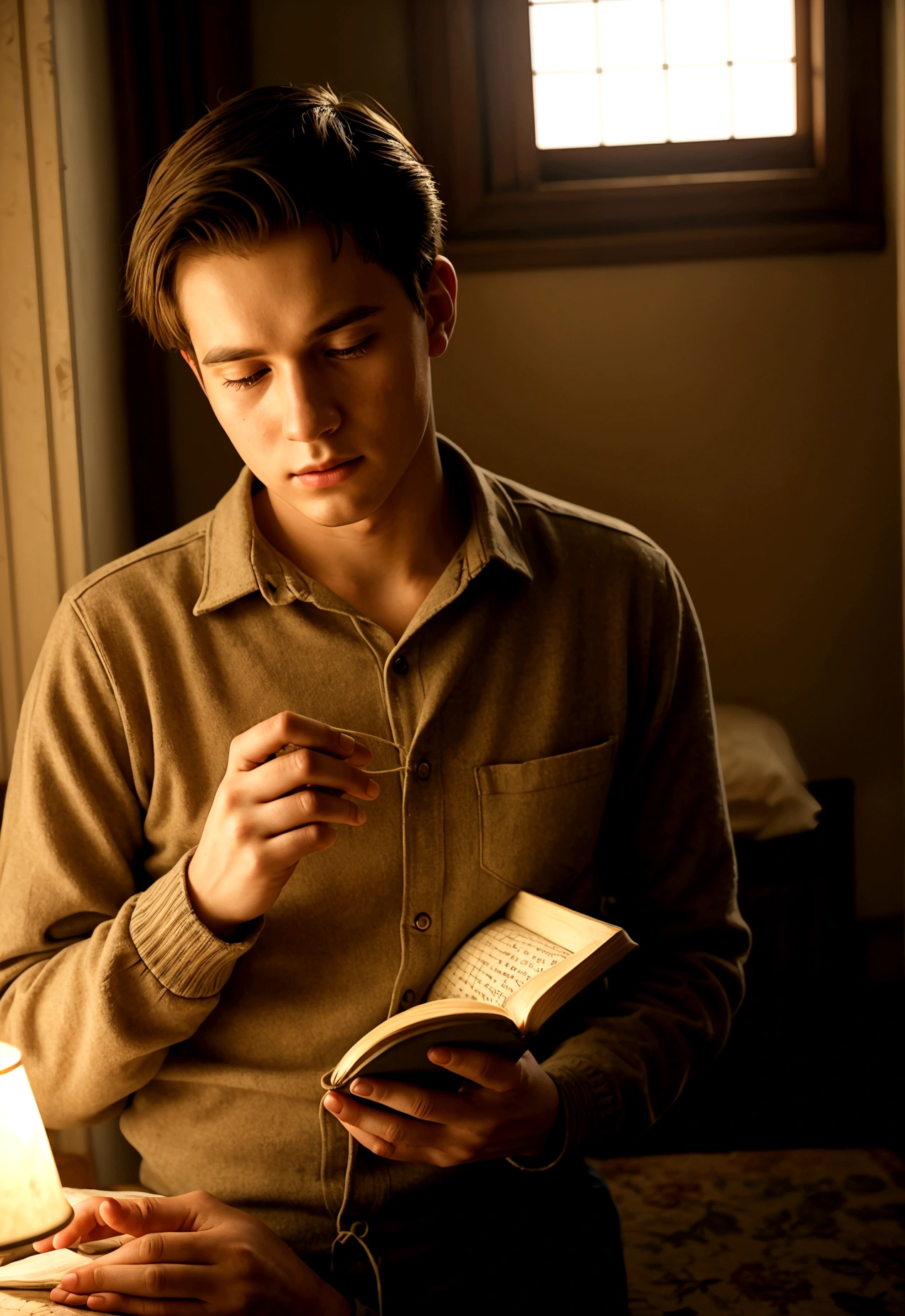 a young man finds his late grandmother's diary inside an old room vintage style ultra realistic cinematic image bright lighting in dim light