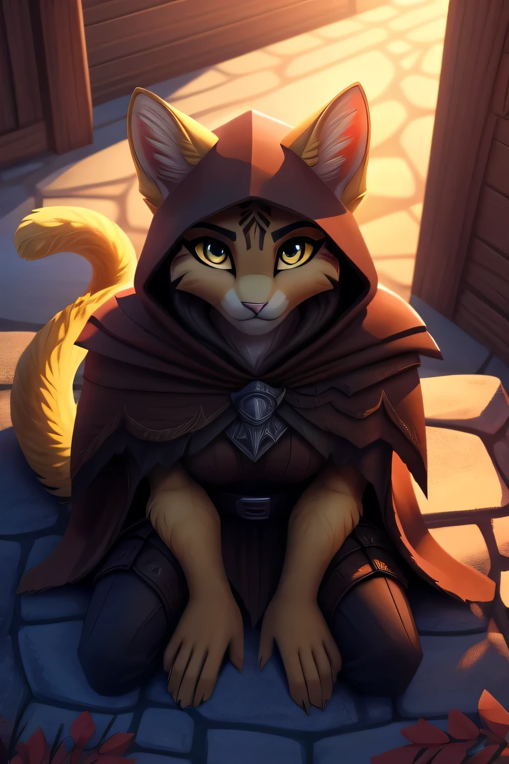 katia, cat girl, furry anthro, solo, (furry body:1.1), (best quality), (kneeling, first person view, high angle view:1.2), looking at viewer, outdoors skyrim background, (long yellow tail), (brown cape, brown hood), octane render, romantic lighting, (detailed fluffy fur),