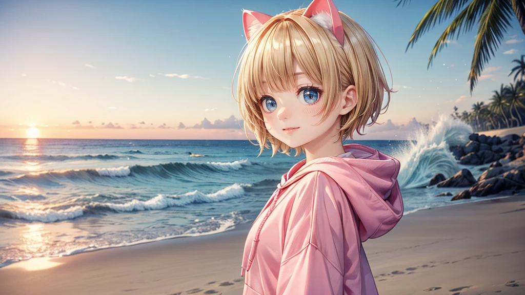 Turquoise Eyes、Cat ear、Absurd, Ultra-detailed,Bright colors,(solo),(From the side:1.2),(View your viewers:1.5) (Short blonde hair:1.2),Shiny Hair,(Pink hoodie:1.5),(Black sneakers),Denim shorts,Delicate and beautiful face, blush、(Deep blue eyes:1.4), White skin, (A wistful smile:1.3),Beautiful Clouds,(Standing on the beach, looking to the side with a sad expression:1.3),look at the sea and sunset,At sunset,Waves crashing on the beach,sunlight,Light on the face、Cat ear、Belly button、Turquoise Eyes