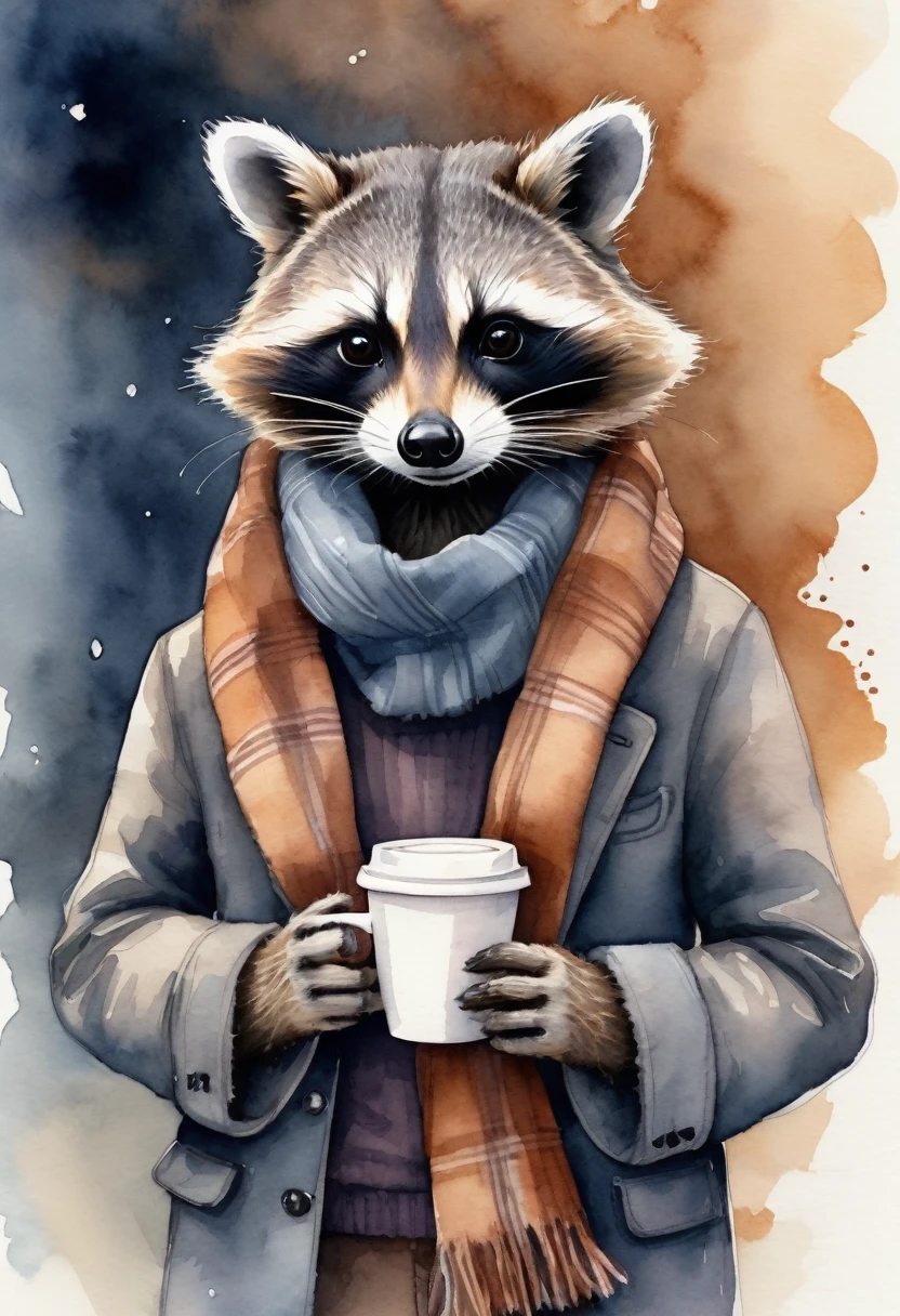 The raccoon wears a wool scarf around his neck and holds a take away coffee cup in his hand, watercolor style, illustration, detailed, 8k