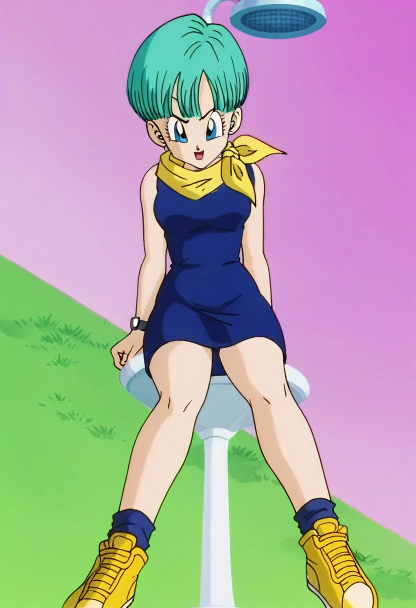 fountain_cheered up, score_9, score_8_above, score_7_above, cheered up screencap,
BULMA, 1 girl, Alone, buu saga, aquamarine hair, very short hair, bowl cut, Blue eyes, wristwatch, yellow scarf, blue dress, sleeveless, , Yellow sneakers, Grass, Field, from below, legs crossed 
 