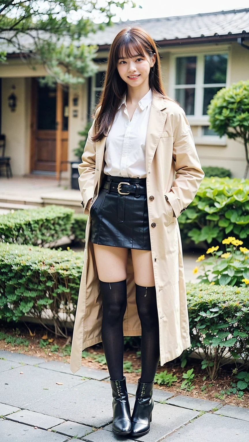 (8K、RAW Photos、Highest quality、masterpiece:1.2)、(Realistic、Realistic)、1 Girl、((mini skirt、shirt、Long coat、black、Thin legs、whole body、boots、one piece、tights、garden、View from the front、smile、Looking into the camera、belt、Stand with hands on hips))、cute