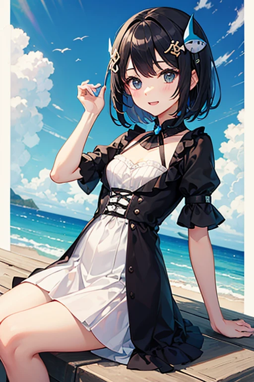 Highest quality、Black Hair、Iris、short hair、girl、cute、16 years old、、Small hair ornament、1 person、Cosplay、shark、