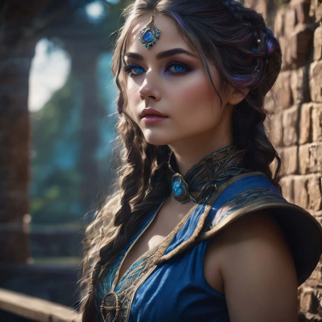 beautiful detailed eyes, beautiful detailed lips, extremely detailed eyes and face, long eyelashes, 1girl, fantasy character, portrait of Jennifer English as Shadowheart, long braid, dramatic shadows, blue highlights, cosplay, realistic lighting, (best quality, 4k, 8k, highres, masterpiece:1.2), ultra-detailed, (realistic, photorealistic, photo-realistic:1.37), fantasy, cinematic, dramatic scene, cinematic lighting, high contrast