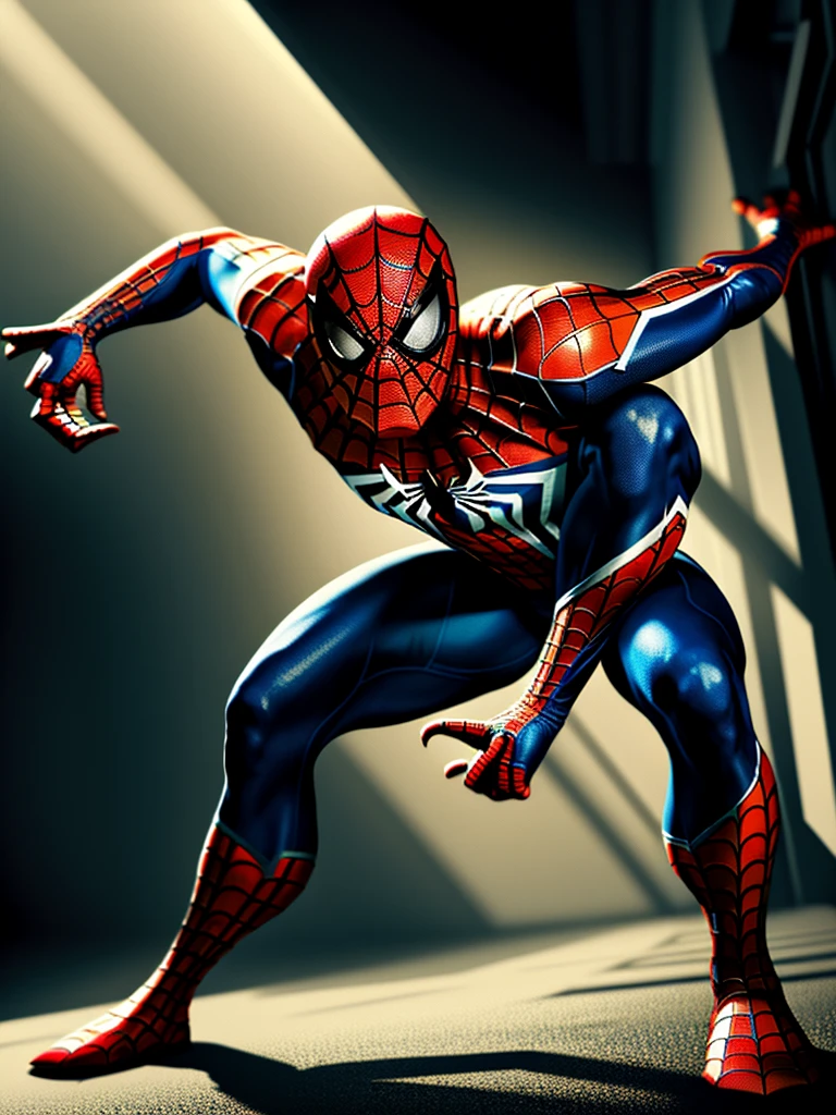 Tobay Maguire as Spiderman, full body portrait, extremely detailed face and eyes, ultra-detailed costume, dynamic action pose, cinematic lighting, dramatic shadows, comic book style, vibrant colors, digital art, 8k, photorealistic