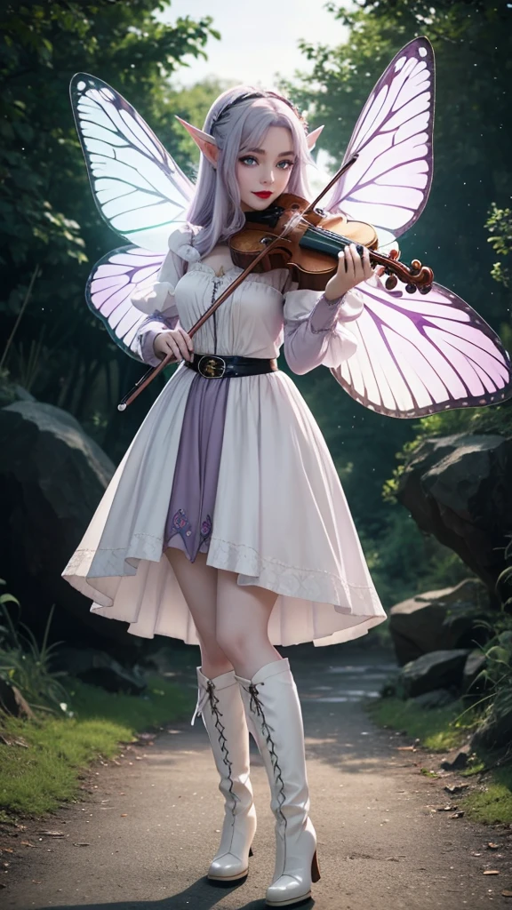 Irish woman, anime, modest, beautiful, high quality, night, 8k, long waist length light pale purple hair, green eyes, red lips, eyelashes, long victorian white dress, boots, elf ears, large colorful butterfly fairy wings, violin, standing