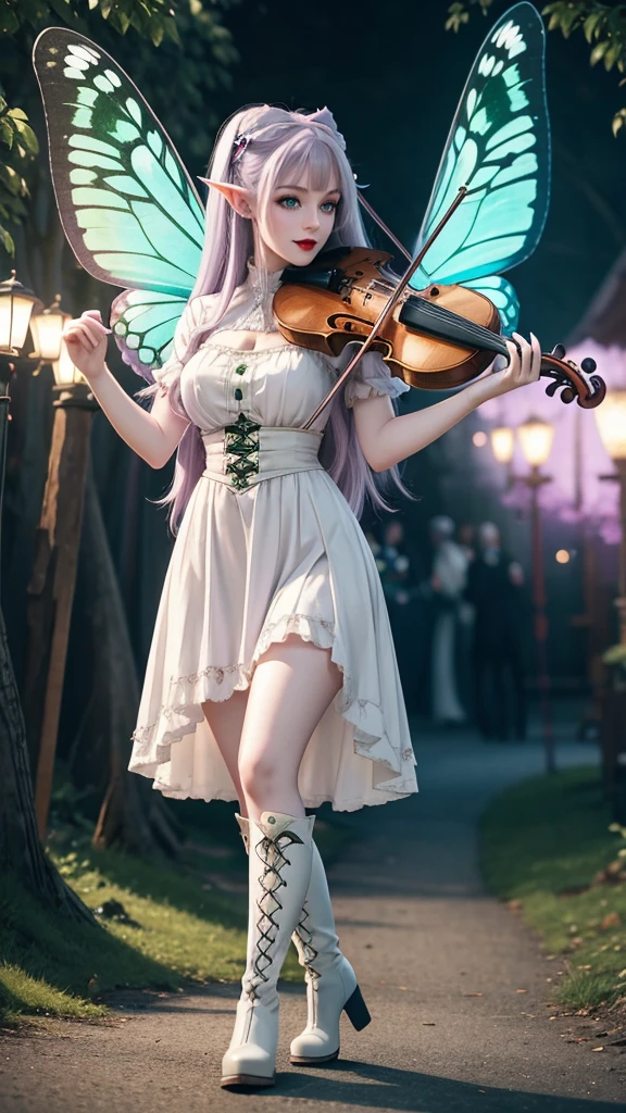 Irish woman, anime, modest, beautiful, high quality, night, 8k, long waist length light pale purple hair, green eyes, red lips, eyelashes, long victorian white dress, boots, elf ears, large colorful butterfly fairy wings, violin, standing